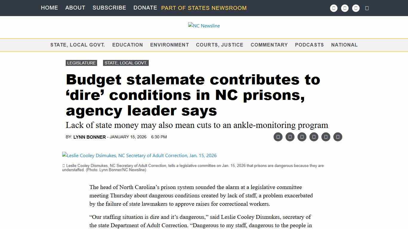 Budget stalemate contributes to 'dire' conditions in NC prisons, agency leader says • NC Newsline